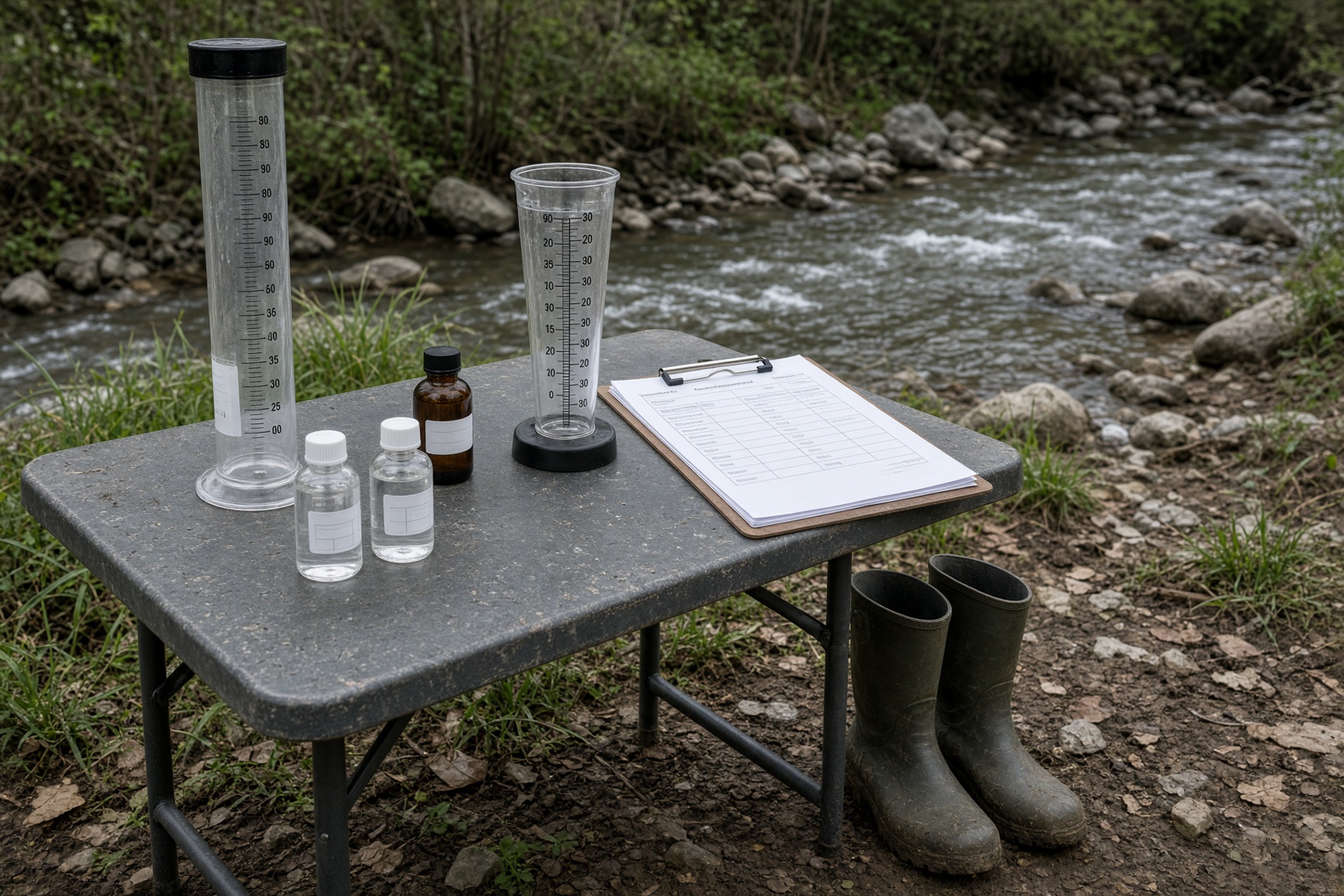 Stormwater sampling kit set out beside a creek